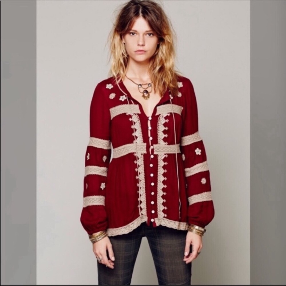 Free People maroon peasant top with beige accent M